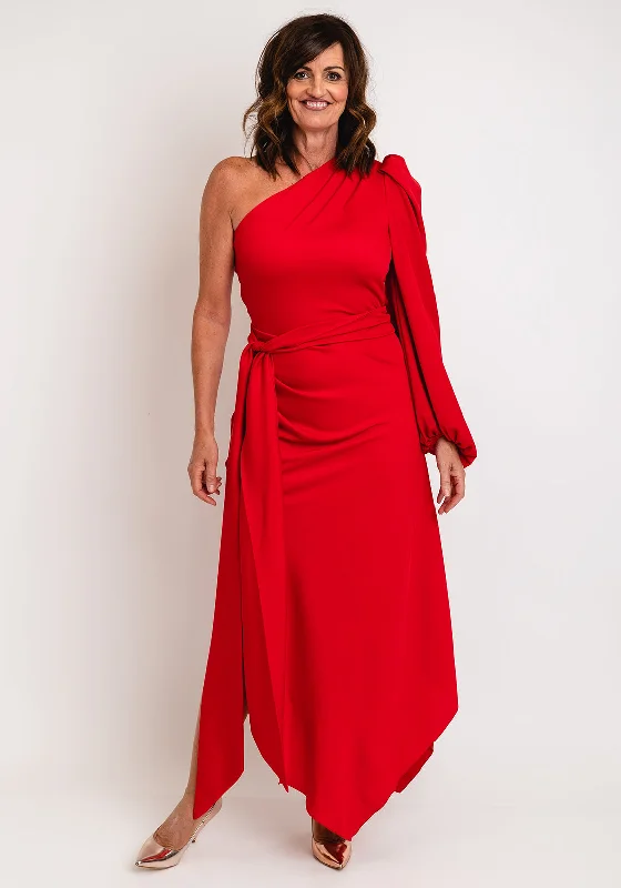 Kevan Jon Lila One Sleeve Maxi Dress, Red Comfortable Pleated Maxi Dress