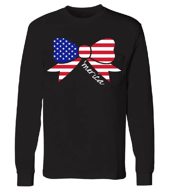 Ladies 'Merica Bow' Long Sleeve Tee Print Jacquard Patchwork