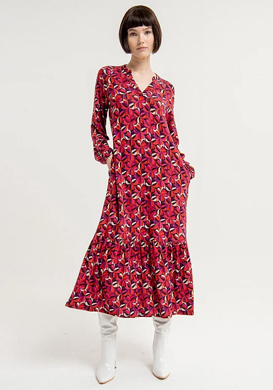 Surkana Flower Pattern, Frill Hem Maxi Dress, Red Classic V-Neck Maxi Dress