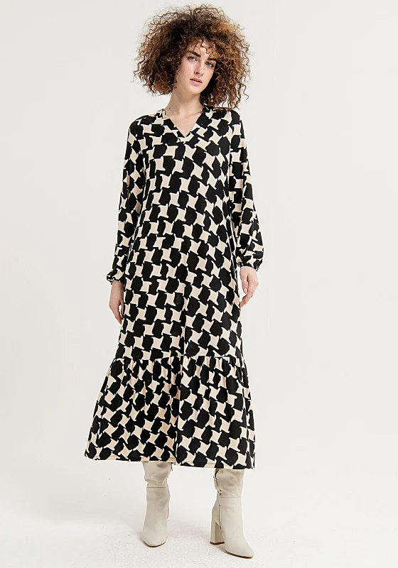 Surkana Houndstooth Print, Frill Hem Maxi Dress, Black Comfortable Bohemian Maxi Dress