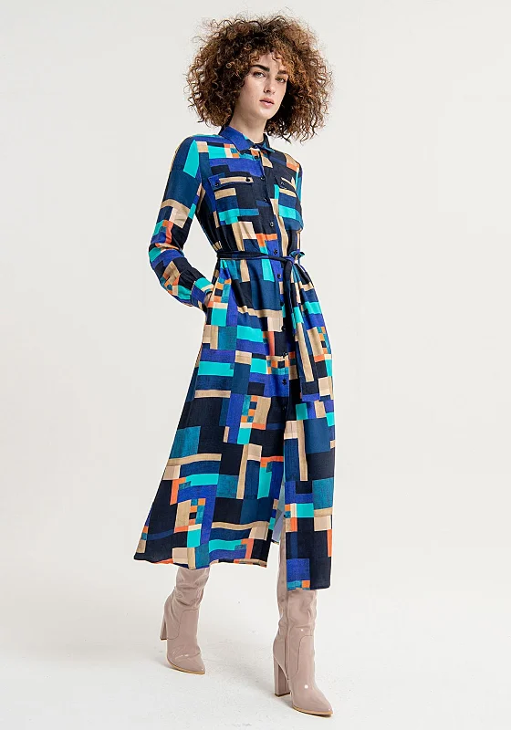 Surkana Abstract Print Shirt Maxi Dress, Blue Stylish Pleated A-Line Maxi Dress