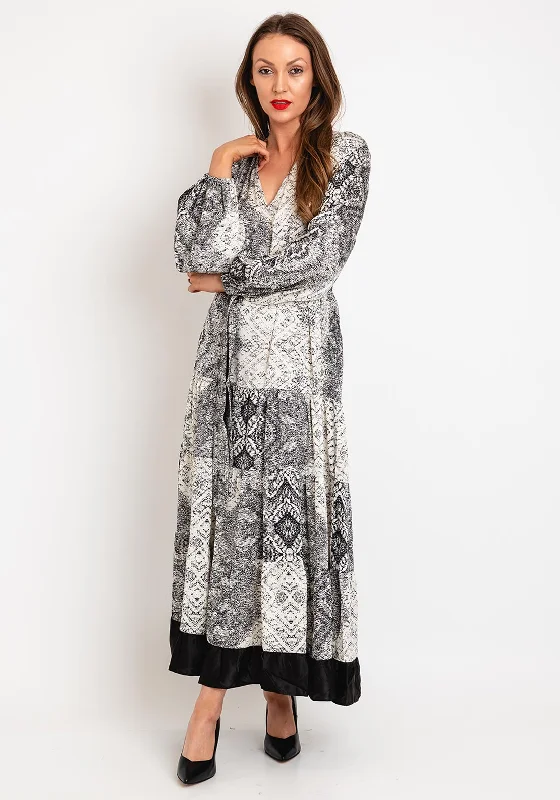 Natalia Collection One Size Patchwork Print Satin Tiered Maxi Dress, Black & White Trendy V-Neck Maxi Dress