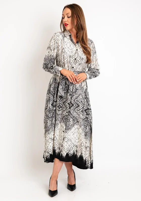 Natalia Collection One Size Scattered Print Shirt Maxi Dress, Black & White Comfortable Cotton Maxi Dress