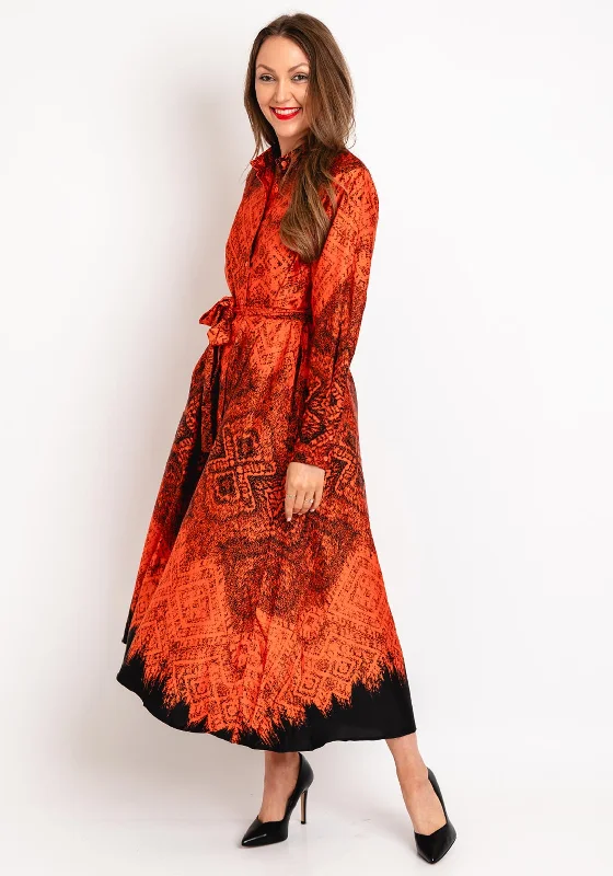 Natalia Collection One Size Scattered Print Shirt Maxi Dress, Orange Cozy Ruffle Sleeve Maxi Dress