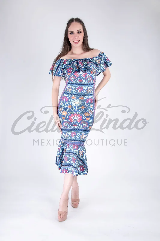 Mexican Fiesta Printed Maxi Dress Blue Comfortable Bohemian Maxi Dress