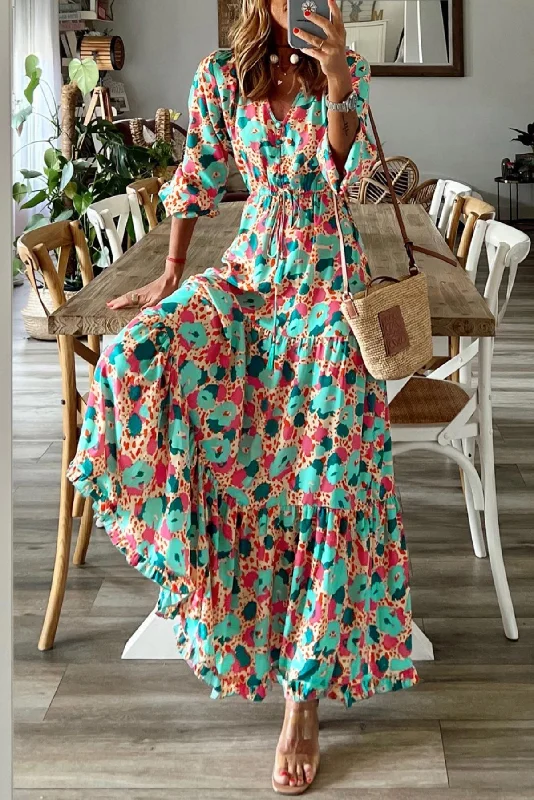 Multicolor Bohemia Print V Neck Ruffle Long Sleeve Maxi Dress Fashionable Faux Wrap Maxi Dress