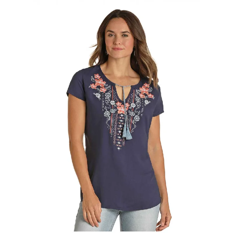 Panhandle Women's Floral Embroidered T-Shirt Plaid T-Shirt Polka Dot Checkered