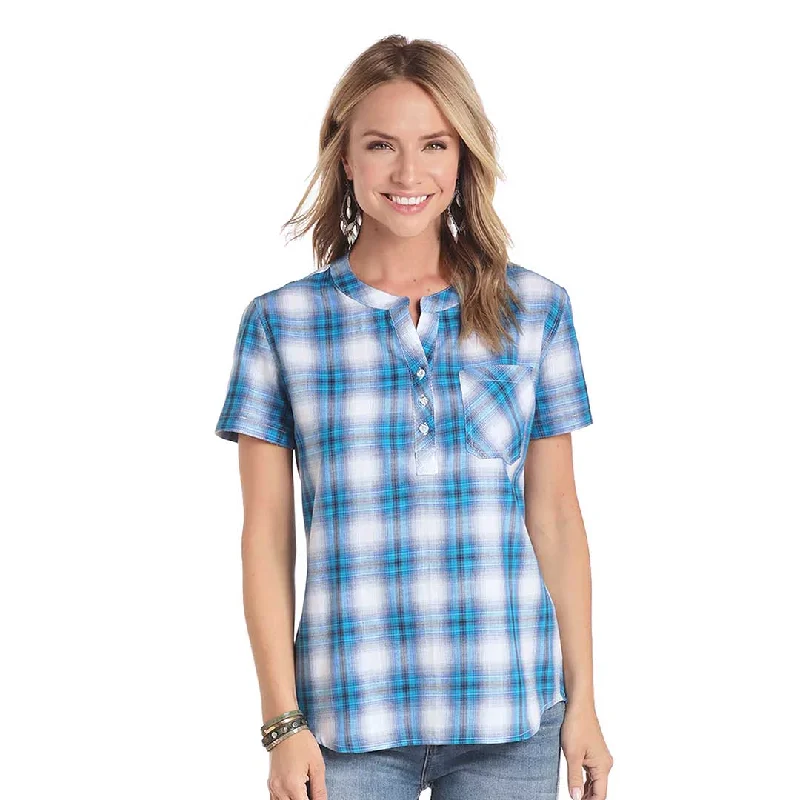 Panhandle Women's Plaid 1/4 Button T-Shirt Notch Collar Peter Pan Collar Cowl Neck