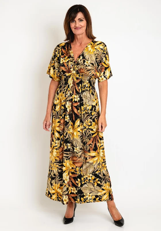 Natalia Collection One Size Floral Print Maxi Dress, Black & Gold Cozy Maxi Dress with Slit