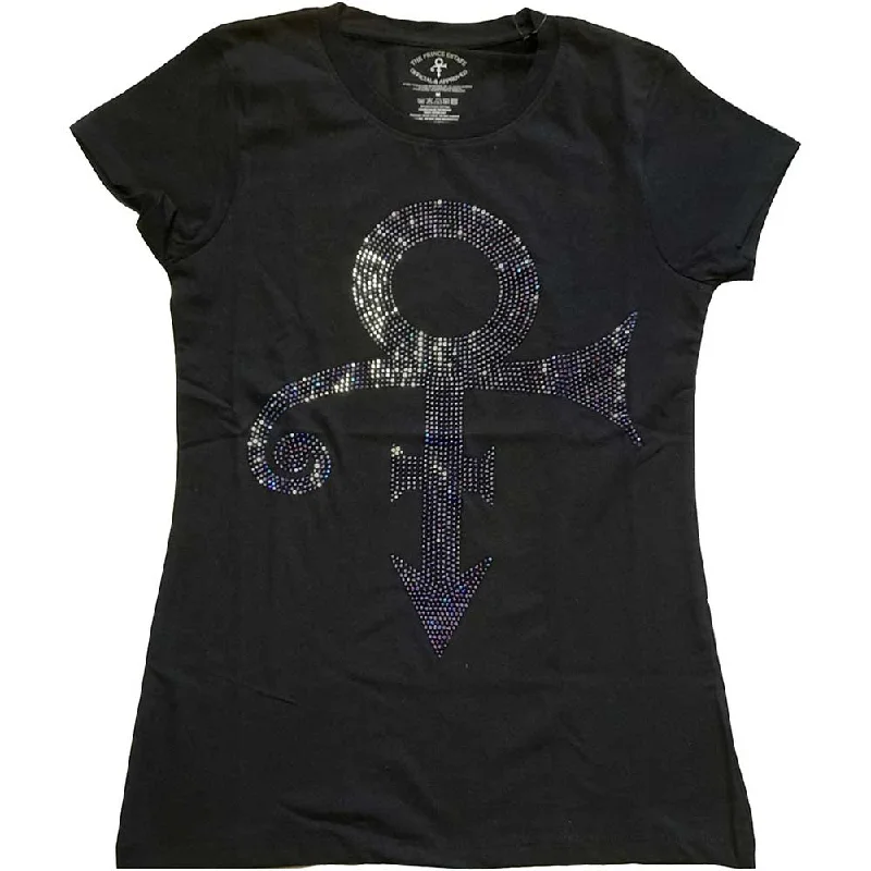 Prince | Official Ladies T-shirt | Purple Symbol (Diamante) Silk Blend Satin Velvet