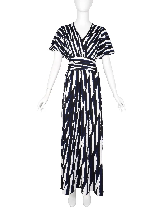 Roberta di Camerino Vintage 1978 Black Blue & White Zig Zag Print Jersey Maxi Dress Comfortable Fit-and-Flare Maxi Dress