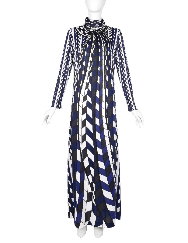 Roberta di Camerino Vintage 1978 Blue Black White Op Art Trompe L'oeil Maxi Dress Cozy Wrap Maxi Dress