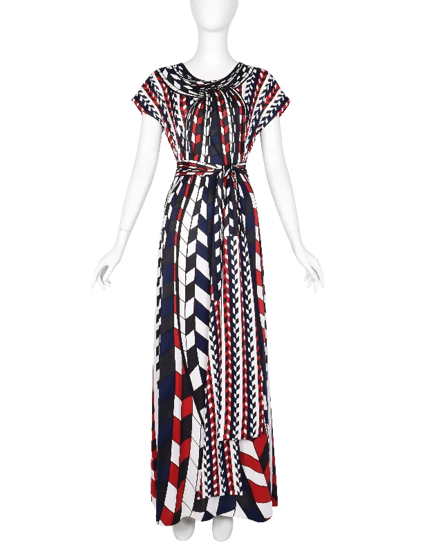 Roberta di Camerino Vintage 1978 Red Blue Black White Op Art Trompe L'oeil Maxi Dress Stylish One-Shoulder Maxi Dress