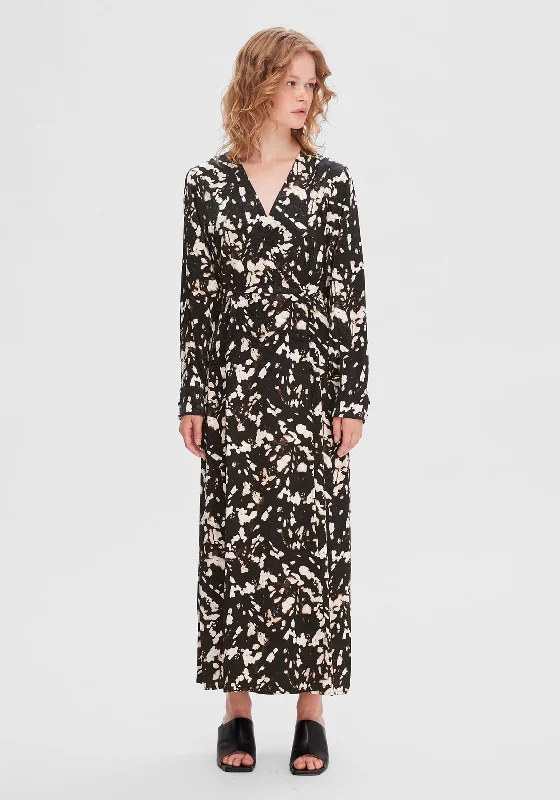 Selected Femme Justine Printed Faux Wrap Maxi Dress, Black Elegant Maxi Dress with Slit