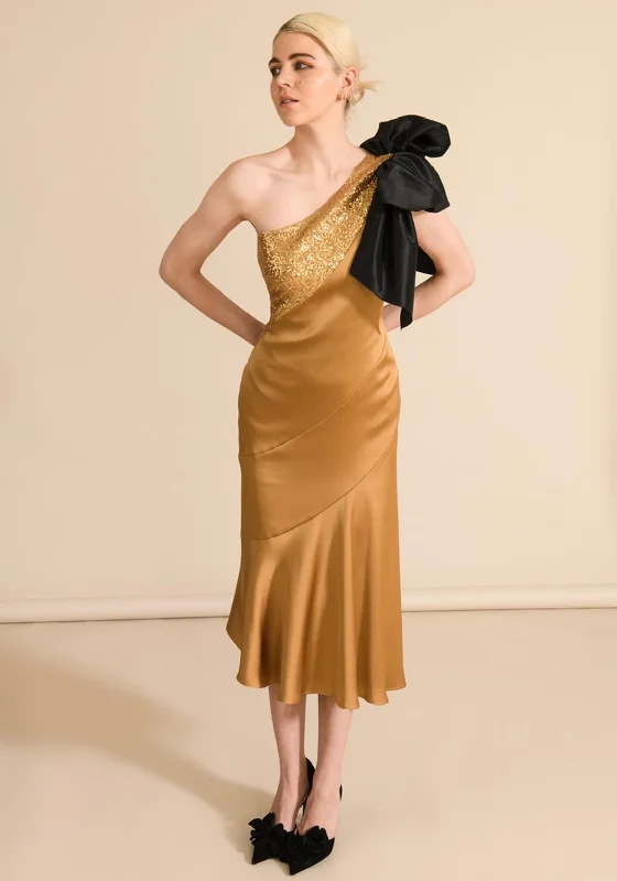 Sisters By Caroline Kilkenny Kennedy Sequin Satin Maxi Dress, Gold Stylish Off-Shoulder Maxi Dress