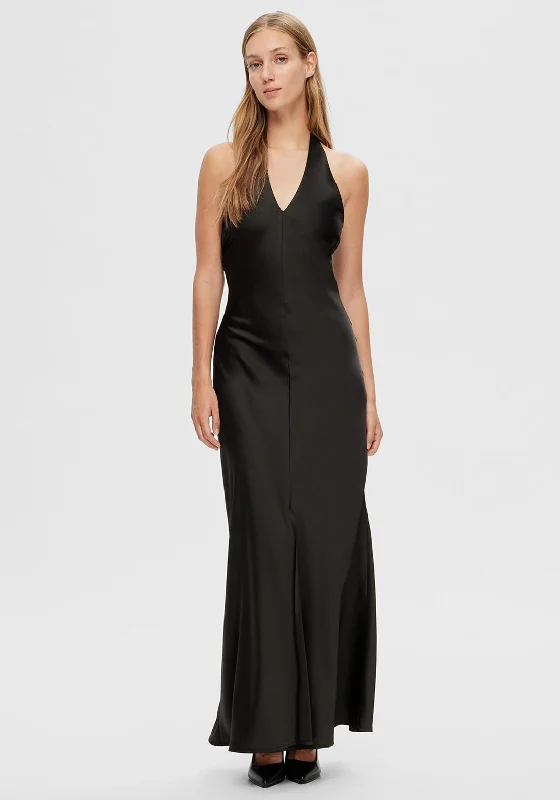 Selected Femme Renata Neck Holder Satin Maxi Dress, Black Stylish Off-Shoulder Maxi Dress