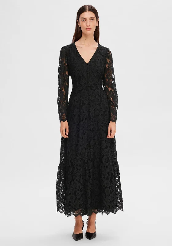 Selected Femme Tara Lace Maxi Dress, Black Trendy Short Sleeve Maxi Dress