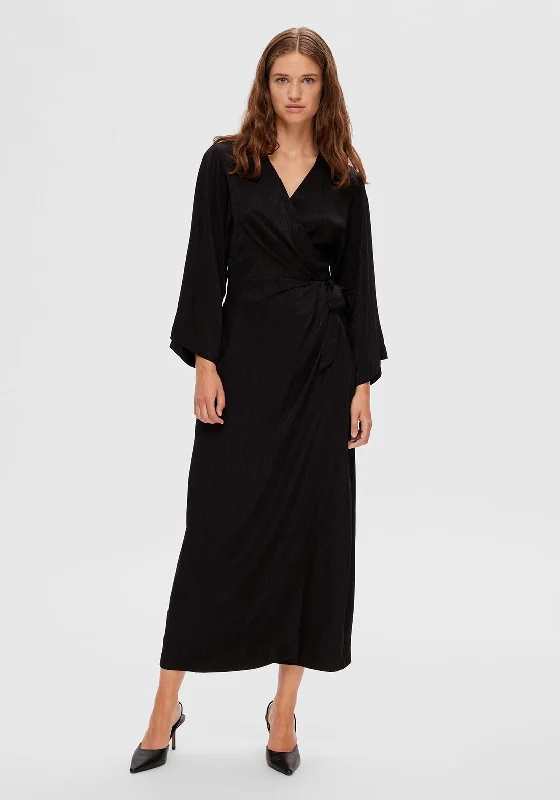 Selected Femme Tyra Wrap Maxi Dress, Black Trendy Fit-and-Flare Maxi Dress