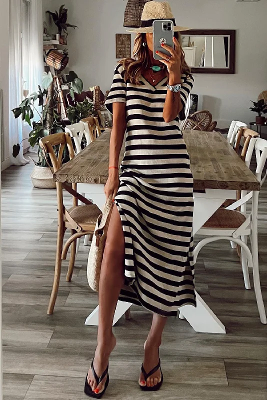 Stripe Print V Neck Maxi Dress with Side Splits Stylish V-Neck Maxi Dress