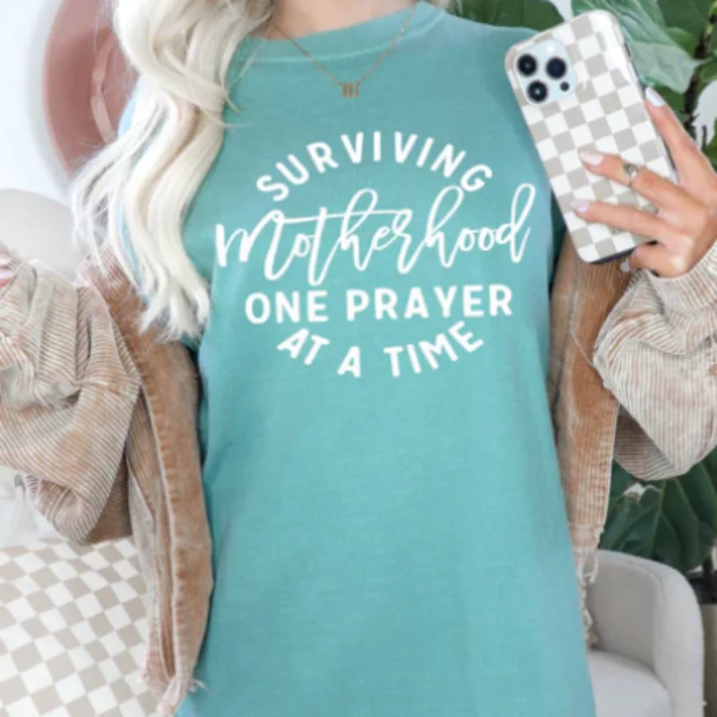 Surviving Motherhood One Prayer at a Time T-shirt Chenille Brocade Lace