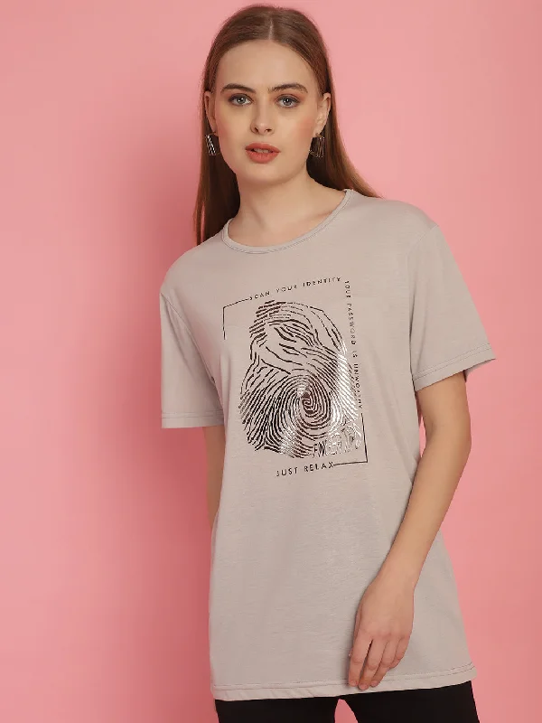 Vimal Jonney Round Neck Cotton Printed Light Grey T-Shirt for Women Mesh Fabric Canvas Fabric Denim Fabric