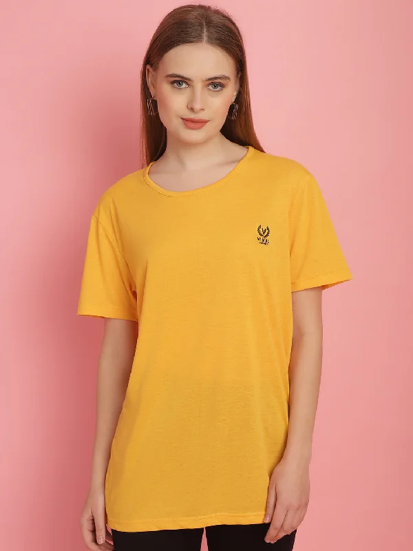 Vimal Jonney Round Neck Cotton Solid Yellow T-Shirt for Women Layered Multi-layer Single Layer