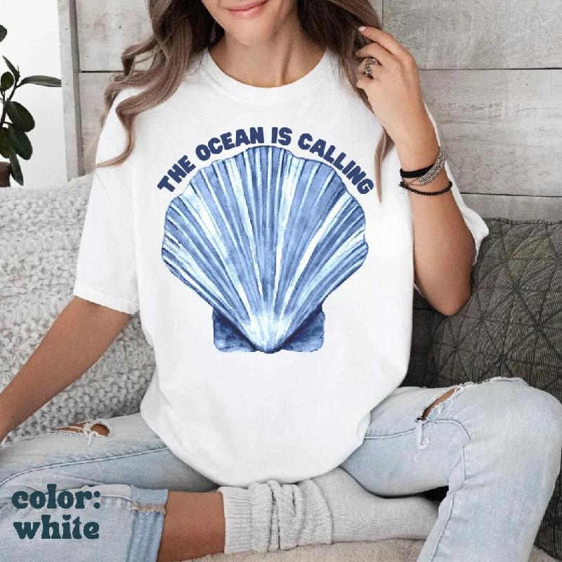 The Ocean is Calling Beach Seashell Tee - Watercolor Beach Tee - Seashell Tee - Mermaidcore - Ocean Aesthetic - Comfort Colors Unisex Tee Mesh Blend Leather Blend Suede Blend