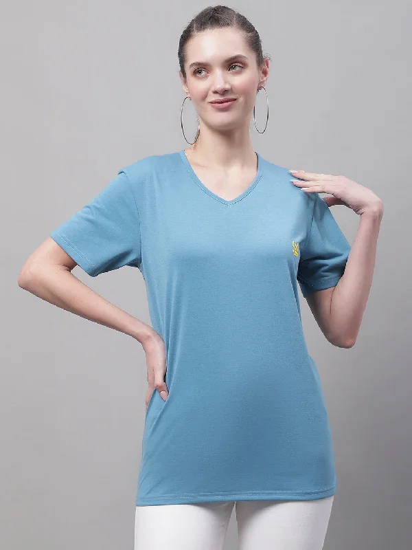 Vimal Jonney V Neck Cotton Solid Blue T-Shirt for Women Collared Crew Neck Turtle Neck