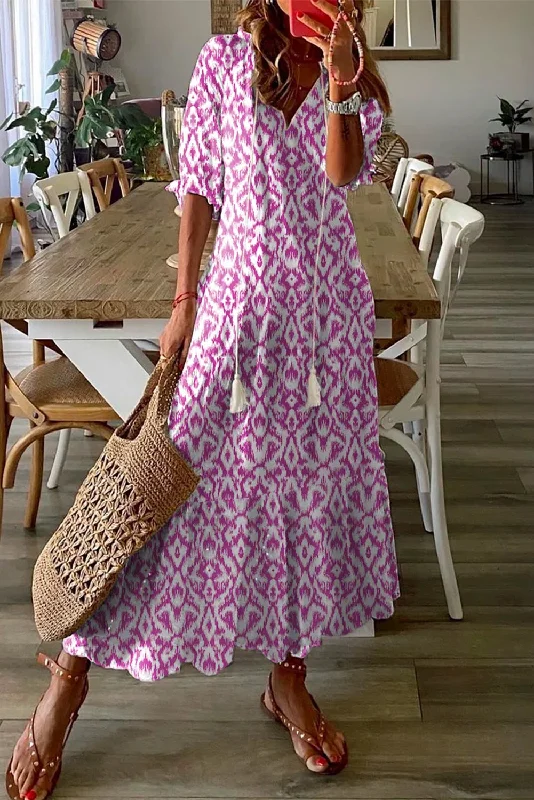 V Neck Casual Geometric Print Maxi Dress Cozy Maxi Dress with Slit