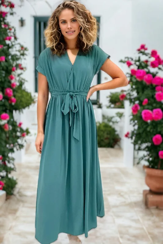 V Neck Wrap Pleated Short Sleeve Maxi Dress Chic Boho Print Maxi Dress