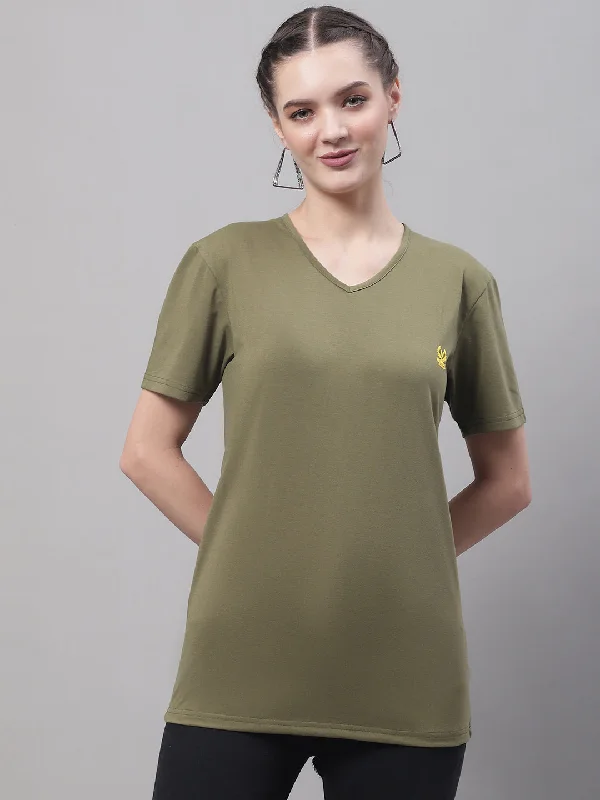 Vimal Jonney V Neck Cotton Solid Olive T-Shirt for Women Fleece Nylon Spandex