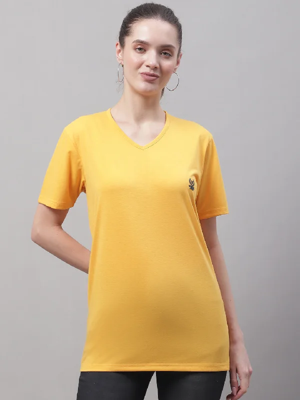 Vimal Jonney V Neck Cotton Solid Yellow T-Shirt for Women Rayon Fabric Velvet Fabric Corduroy Fabric