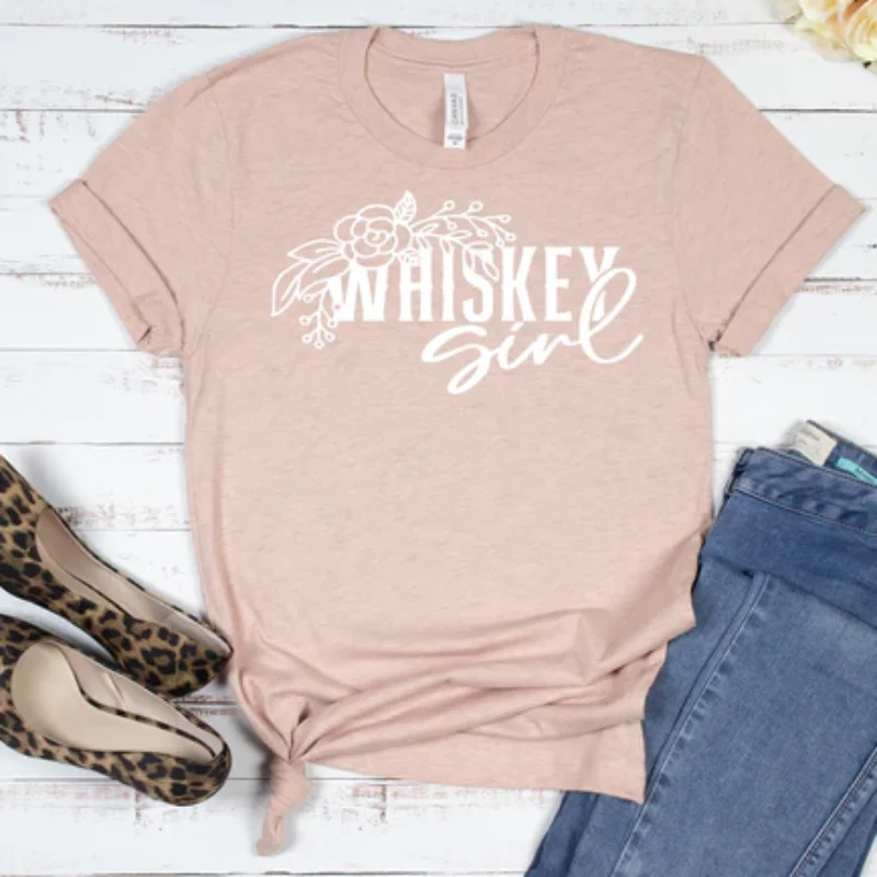 Whiskey Girl T-shirt Solid Color Striped Floral