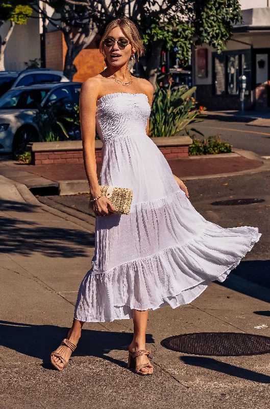 White Stephanie Strapless Maxi Dress Fashionable High-Low Maxi Dress