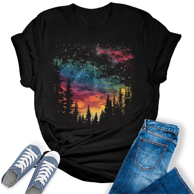 Women's Camping Northern Lights Forest Graphic Tees Graphic Embroidered Appliqued