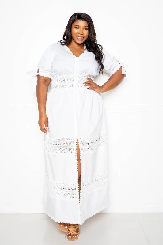 Puff Sleeve Maxi Dress With Lace Insert Classic Solid Maxi Dress