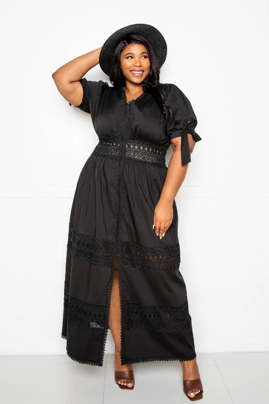 Puff Sleeve Maxi Dress With Lace Insert Fashionable Open-Back Maxi Dress