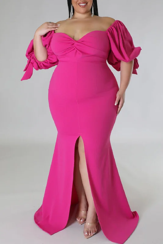 Bow Tie Puff Sleeve Plus Size High Slit Maxi Dress Fashionable Asymmetrical Maxi Dress