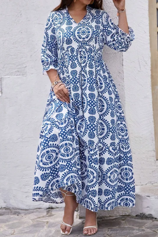 Sky Blue Geometric Print Lace-up Notch Neck Plus Size Maxi Dress Elegant Maxi Dress with Belt