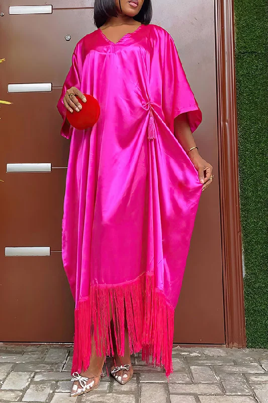 Solid Color Batwing Sleeve Simple Tassel Maxi Dress Cozy Maxi Dress with Slit