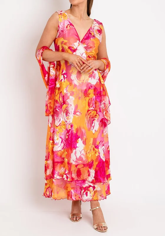 Allison Silk Floral Maxi Dress, Pink & Orange Cozy Wrap Maxi Dress