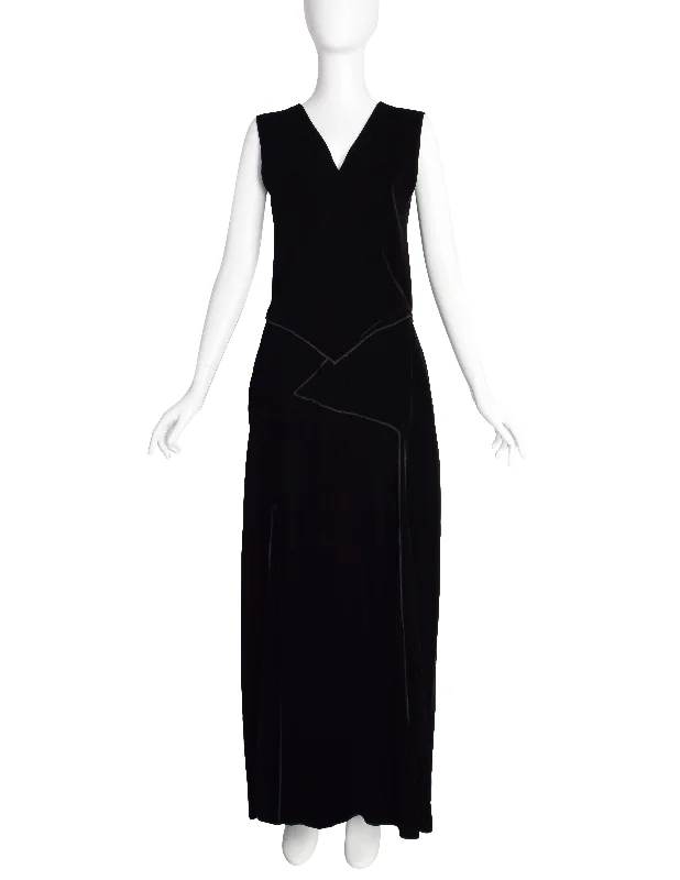 Donna Karan Vintage 1990s Surplice Paneled Black Velvet Maxi Dress Cozy Maxi Dress with Slit