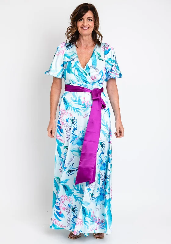 Herysa Nueve Floral Satin Maxi Dress, Aqua Multi Stylish Boho Maxi Dress