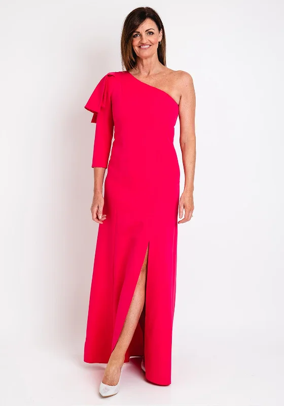 Herysa Gema One Shoulder Maxi Dress, Fuchsia Comfortable Satin Maxi Dress