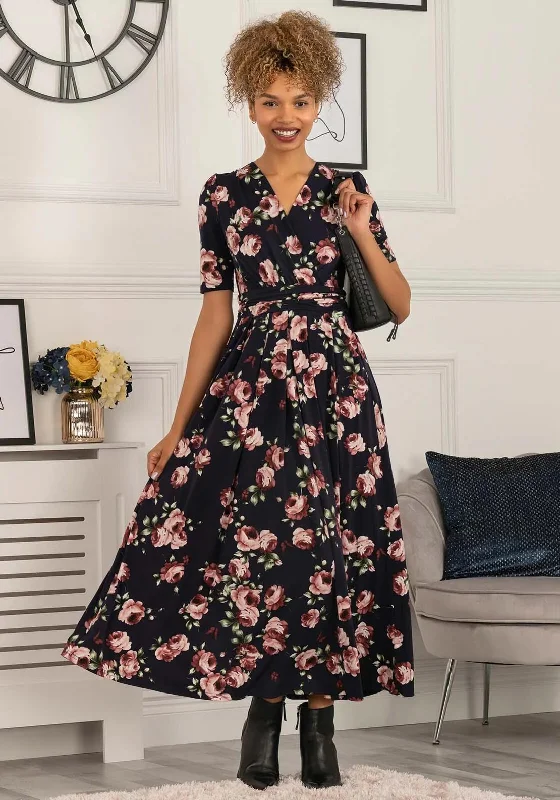 Jolie Moi Elisha Rose Print Maxi Dress, Navy Classic Solid Maxi Dress