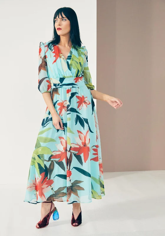 Kate Cooper Tropical Floral Chiffon Maxi Dress, Turquoise Multi Trendy Floral Print Maxi Dress