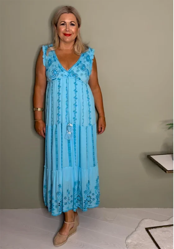 Serafina Collection Beaded Maxi Dress, Blue Comfortable Maxi Dress with Slits