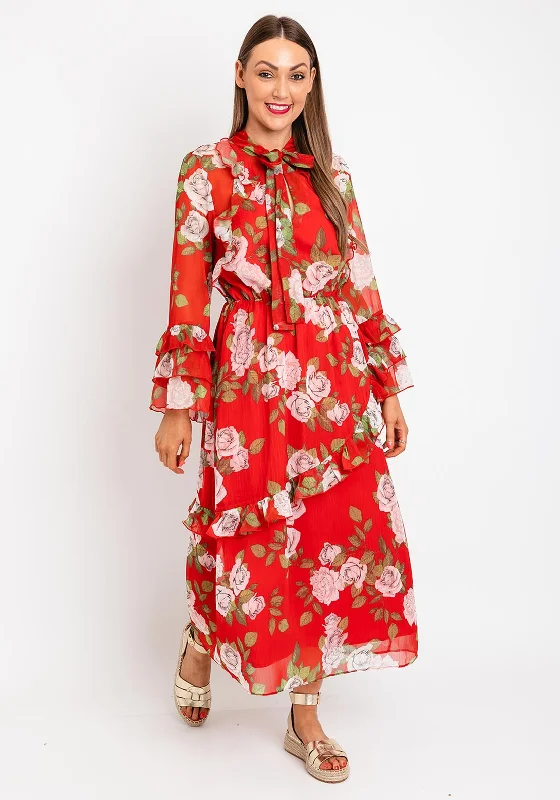 Serafina Collection Floral Ruffle Tiered Maxi Dress, Red Classic V-Neck Maxi Dress