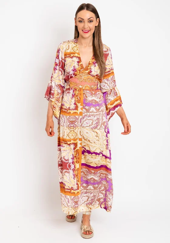 Serafina Collection Satin Damask Print Tie Maxi Dress, Gold Multi Comfortable Plunging Neckline Maxi Dress