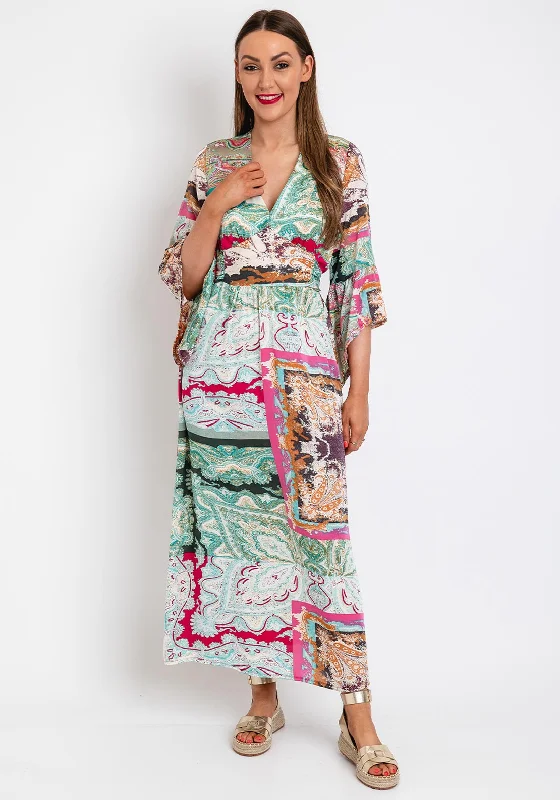 Serafina Collection Satin Damask Print Tie Maxi Dress, Green Multi Elegant Maxi Dress with Drapes